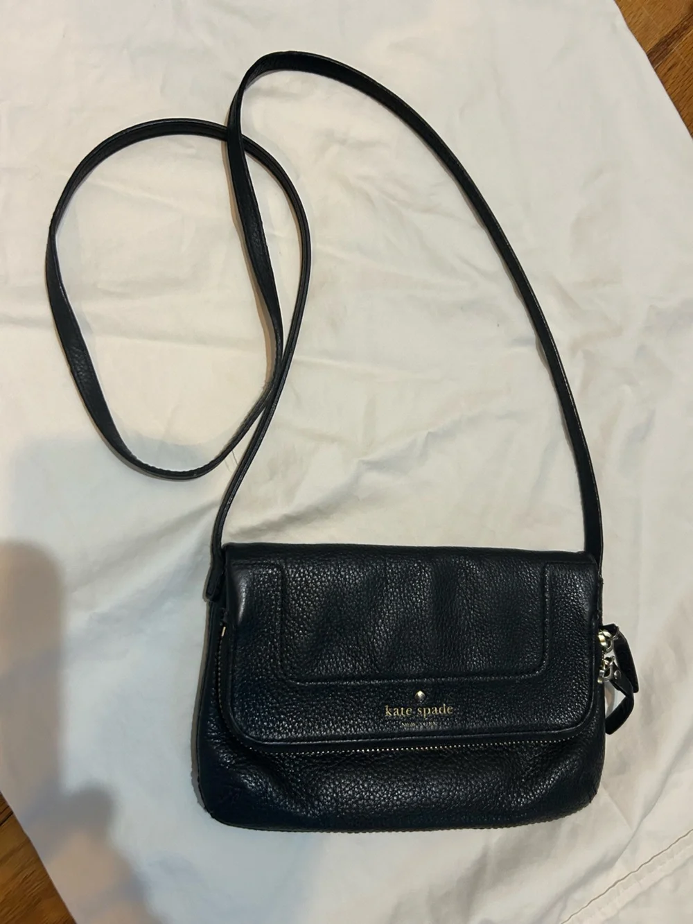 kate spade Black Pebbled Leather Flap Crossbody with Gold Hardware